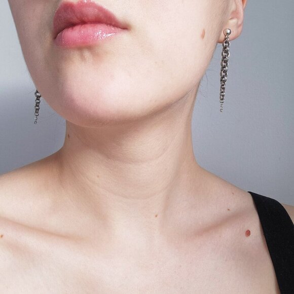 Gothic Medieval chainmail style long dangly spike silver earrings - Picture 3 of 8